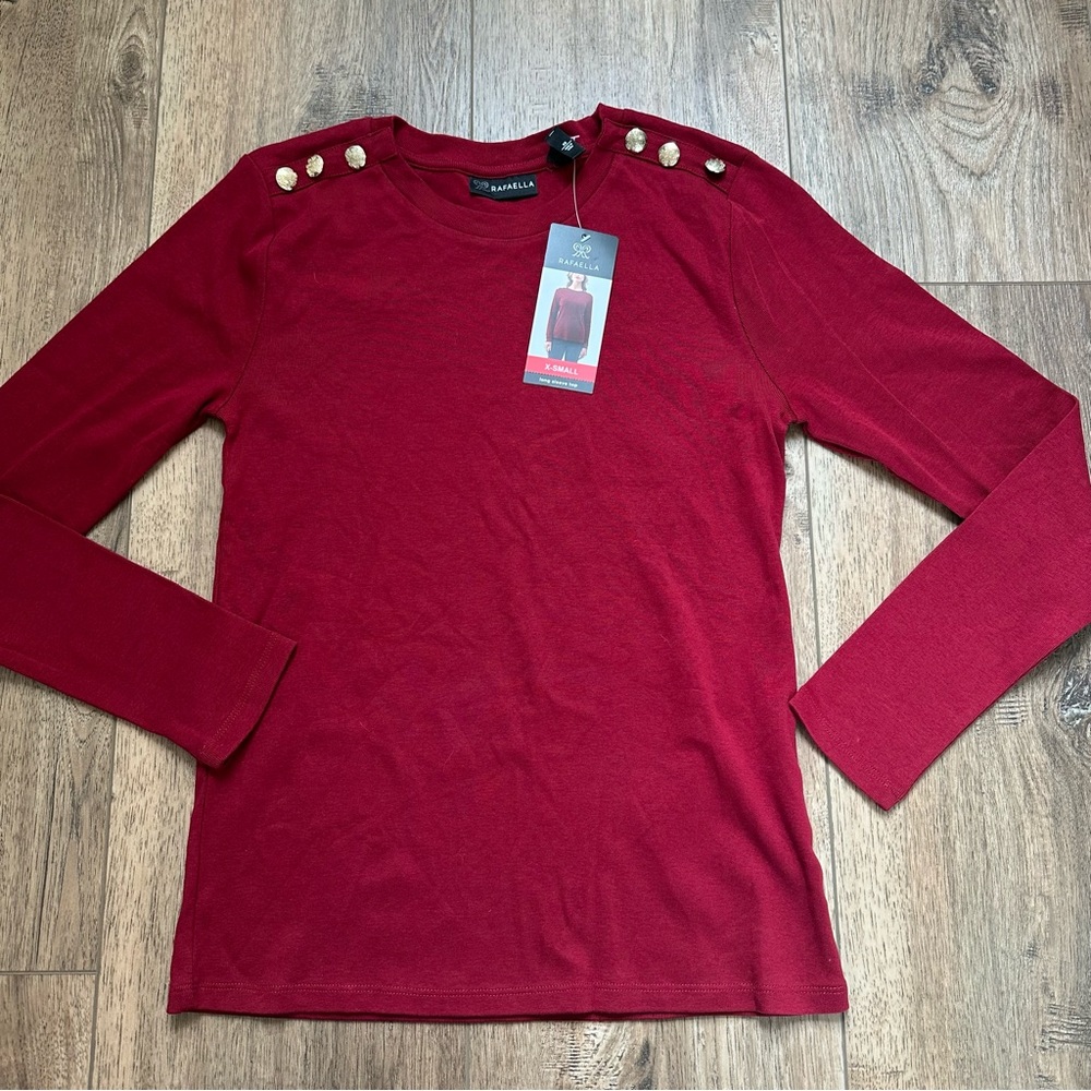 NEW! Rafaella Women’s Long Sleeve‎ Top, Red Wine Color, Gold Accents, XS